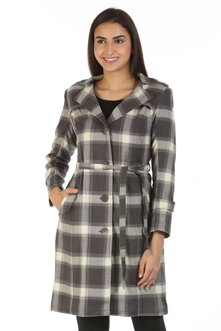 Viscose Trench Coat with Checks and Lapel Collar