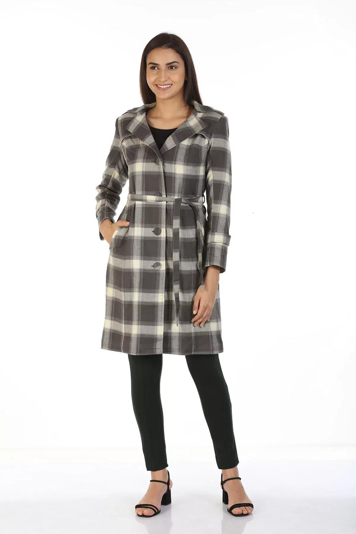 Viscose Trench Coat with Checks and Lapel Collar