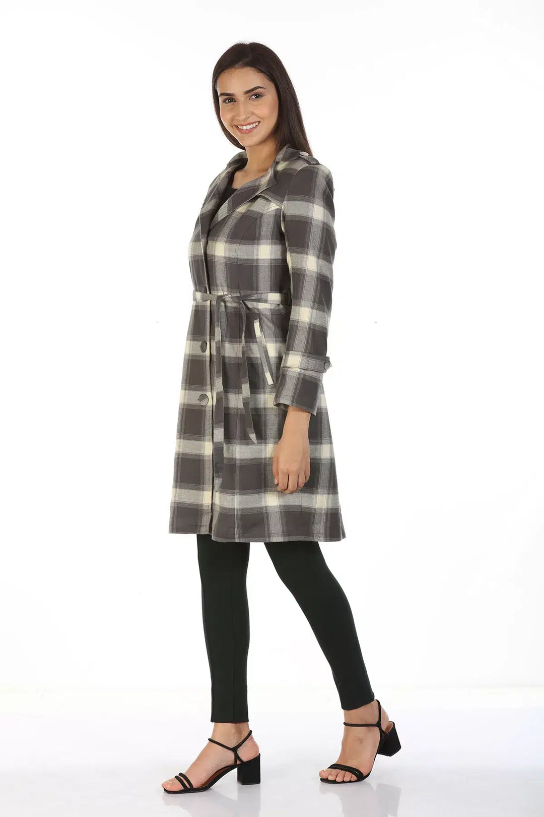 Viscose Trench Coat with Checks and Lapel Collar