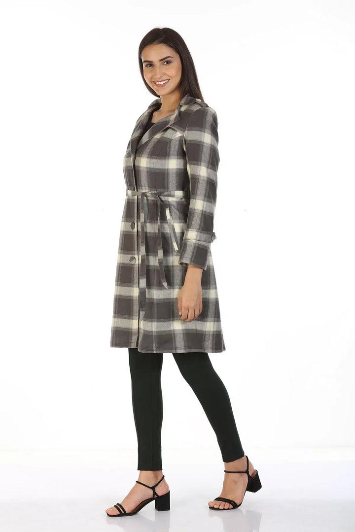 Viscose Trench Coat with Checks and Lapel Collar