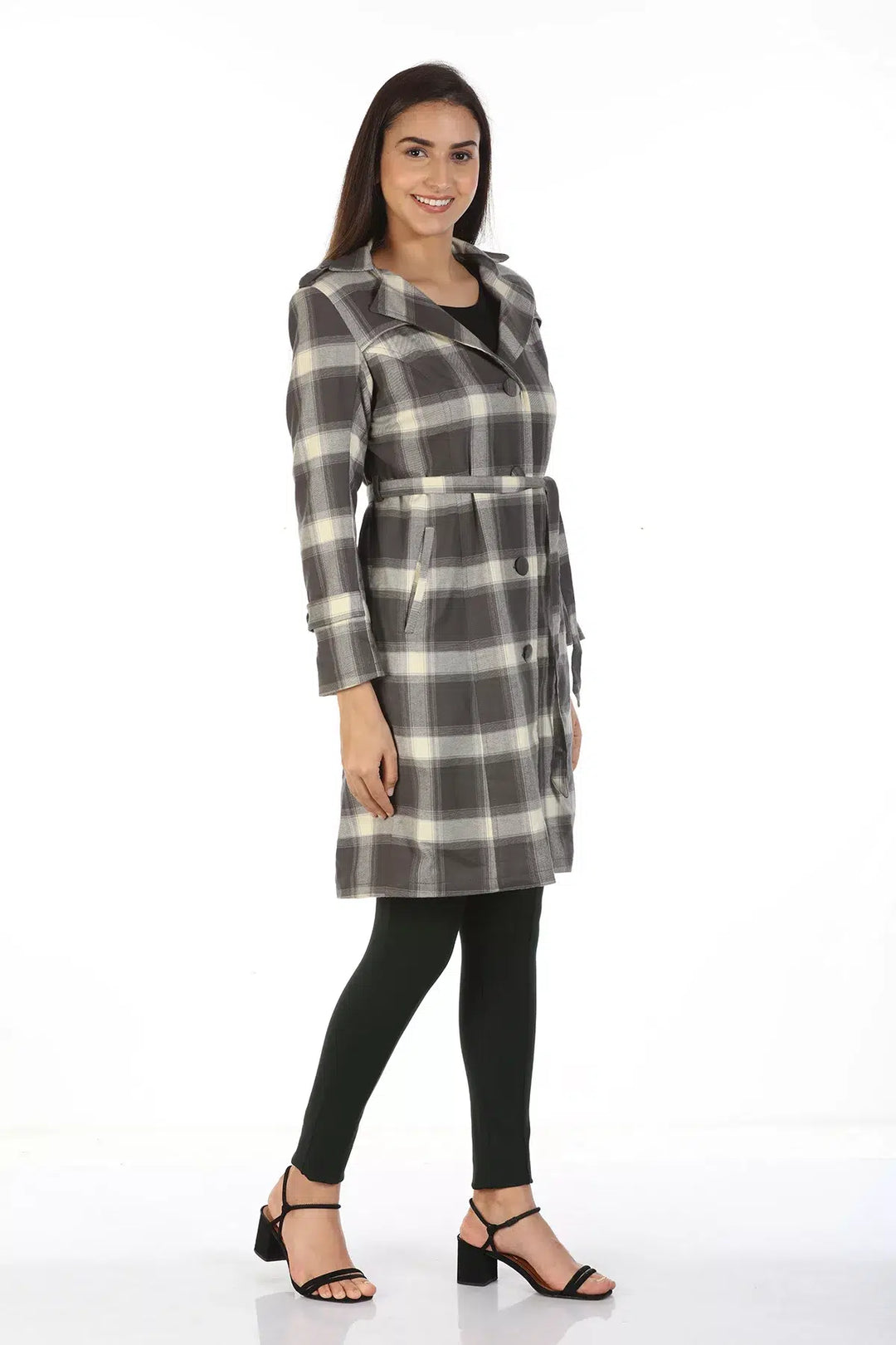 Viscose Trench Coat with Checks and Lapel Collar