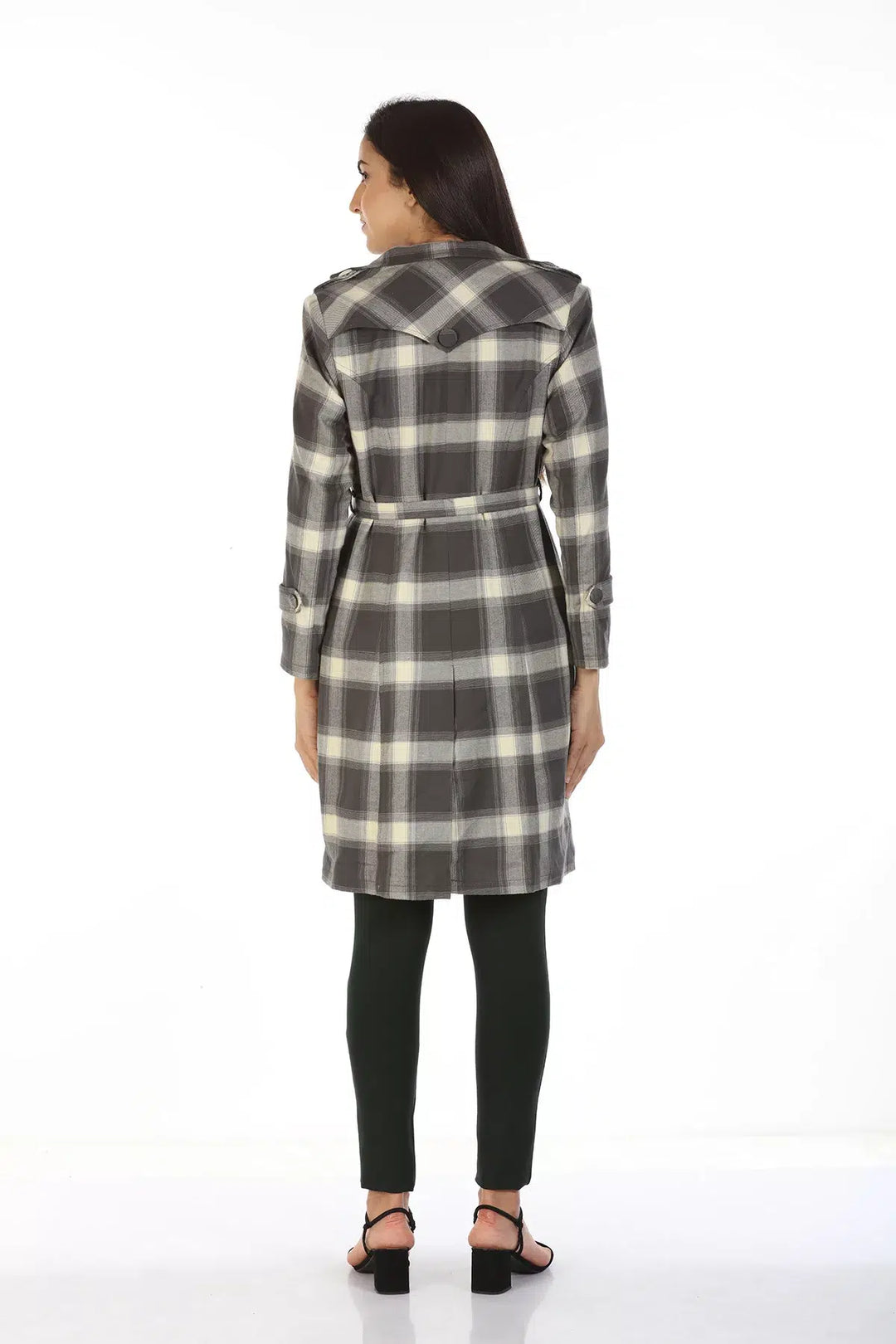 Viscose Trench Coat with Checks and Lapel Collar