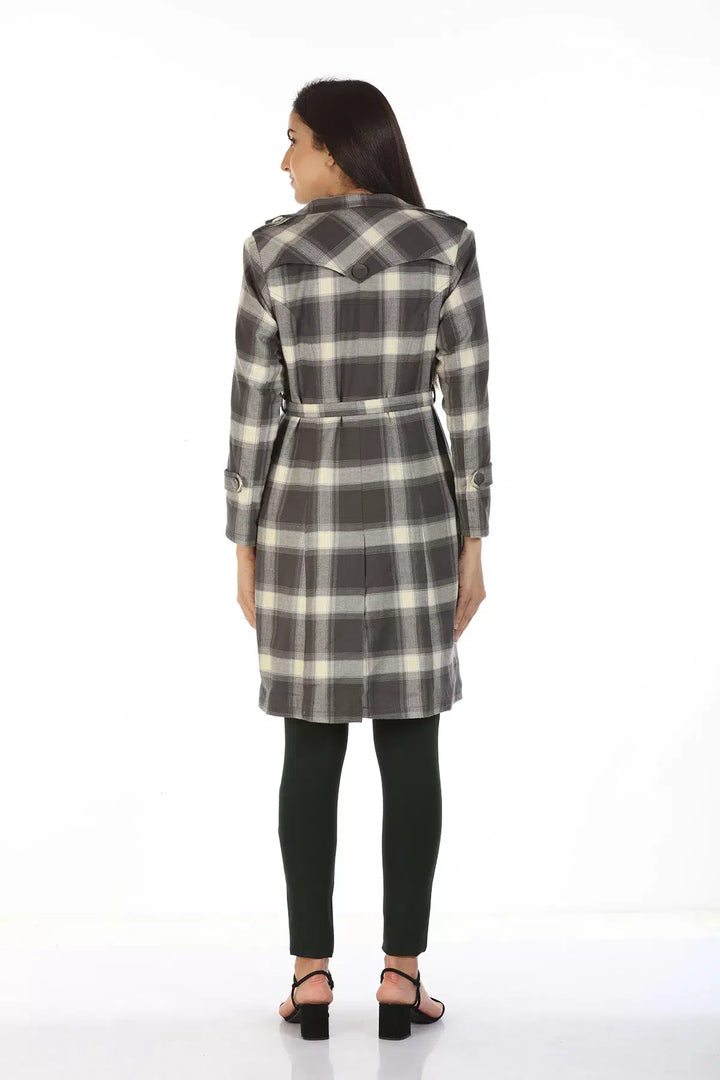 Viscose Trench Coat with Checks and Lapel Collar