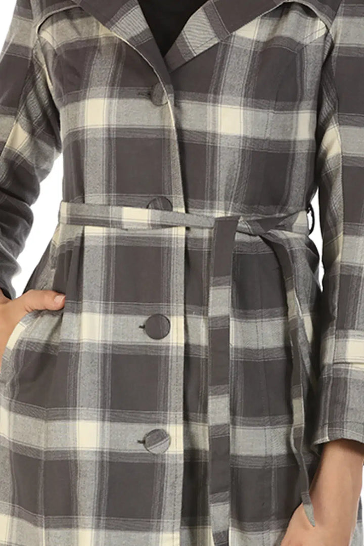 Viscose Trench Coat with Checks and Lapel Collar
