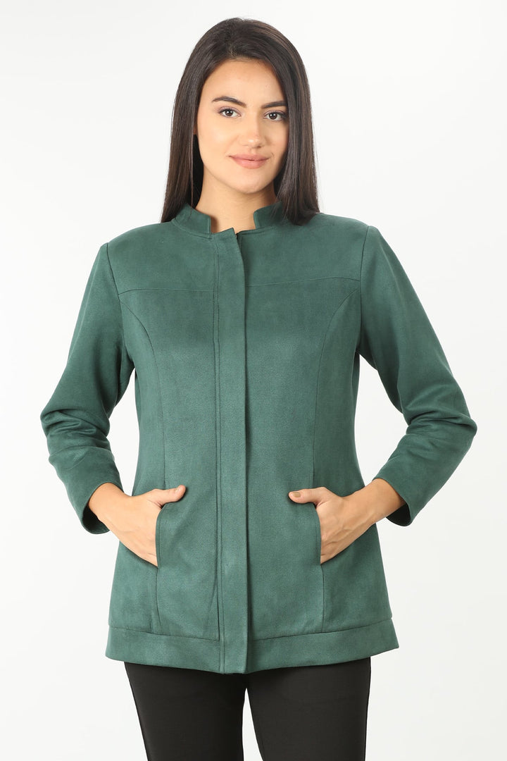 Green winter jacket with standing collar