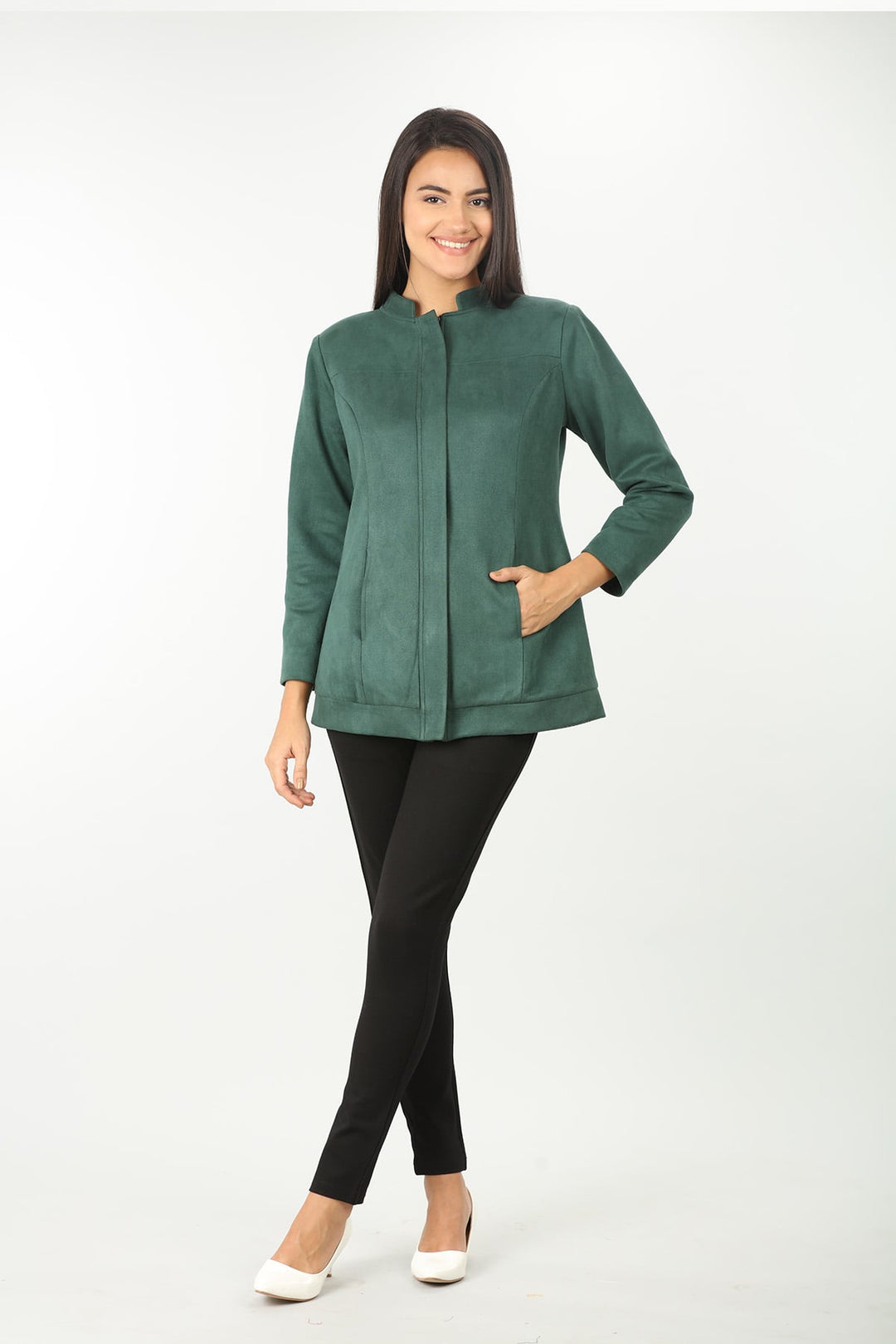Green winter jacket with standing collar