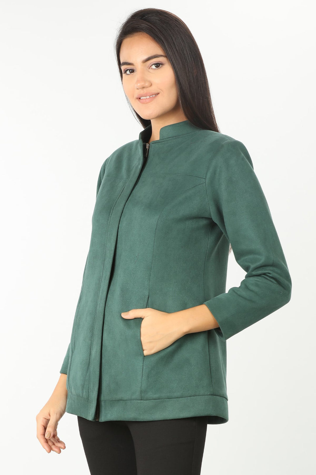 Green winter jacket with standing collar