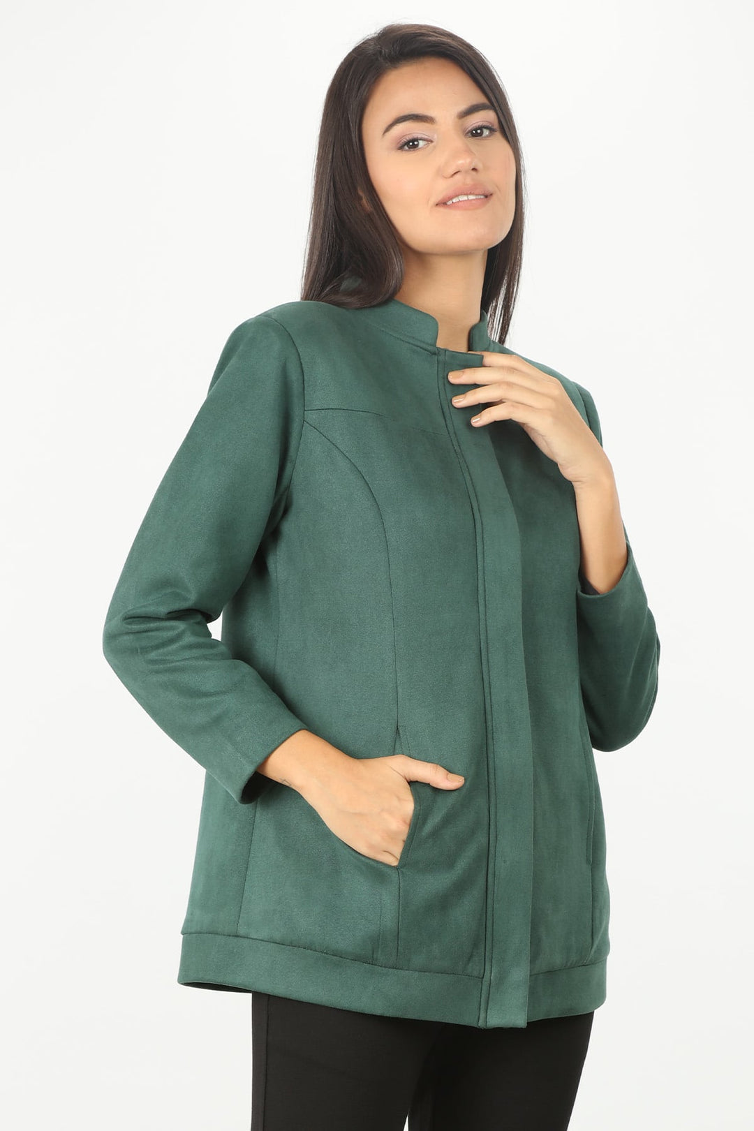 Green winter jacket with standing collar
