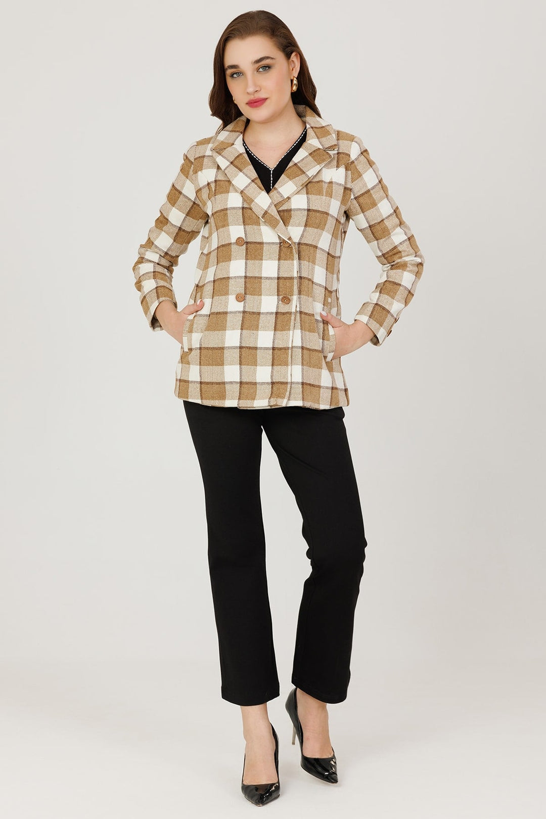 Brown Twill Weaved Check Winter Jacket with Lapel