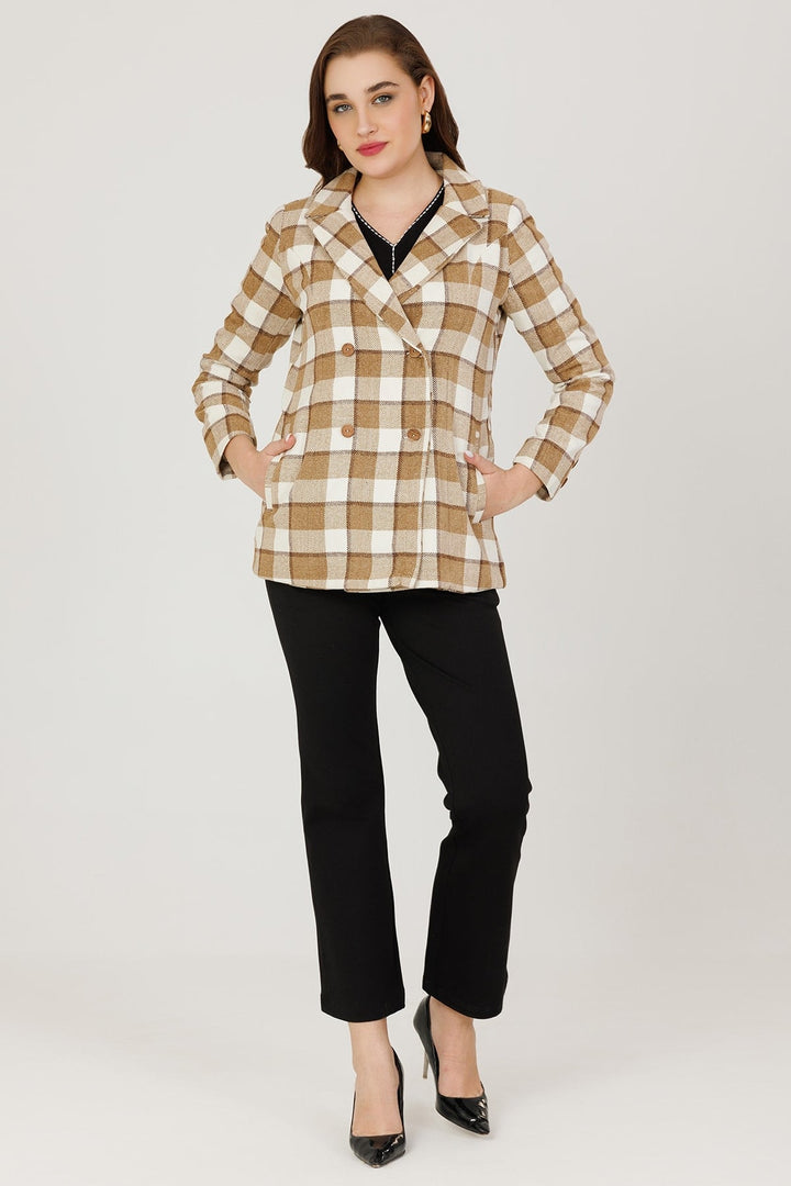 Brown Twill Weaved Check Winter Jacket with Lapel