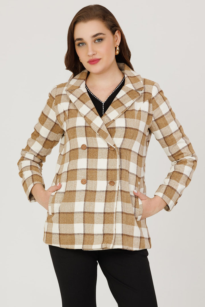 Brown Twill Weaved Check Winter Jacket with Lapel