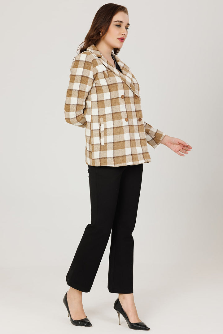 Brown Twill Weaved Check Winter Jacket with Lapel