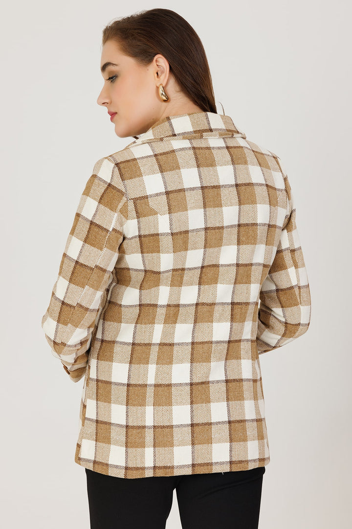 Brown Twill Weaved Check Winter Jacket with Lapel