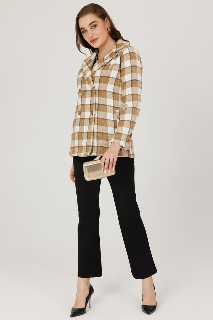 Brown Twill Weaved Check Winter Jacket with Lapel