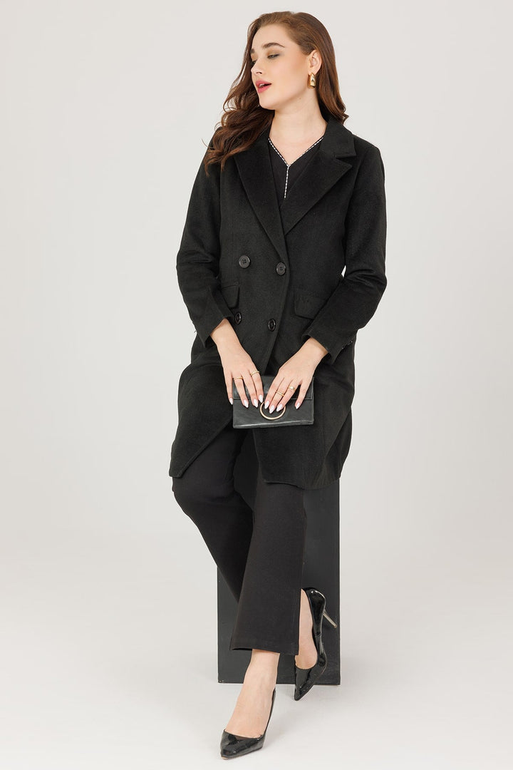 Fur-Embossed Lapel Winter Overcoat - Black