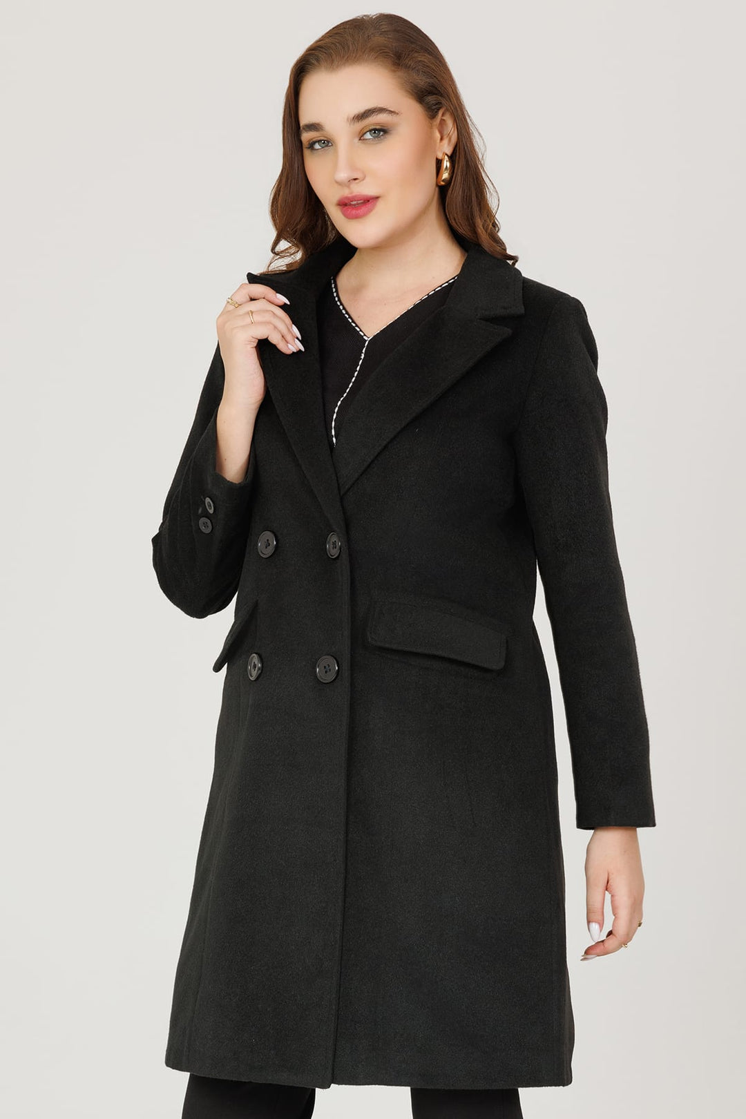 Fur-Embossed Lapel Winter Overcoat - Black