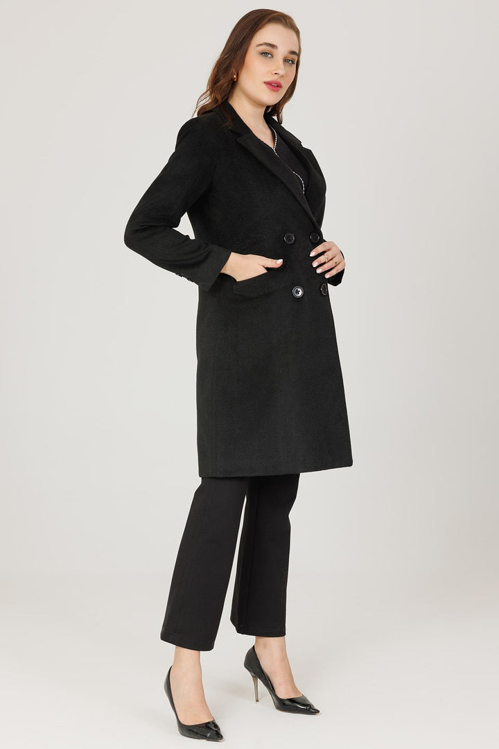 Fur-Embossed Lapel Winter Overcoat - Black