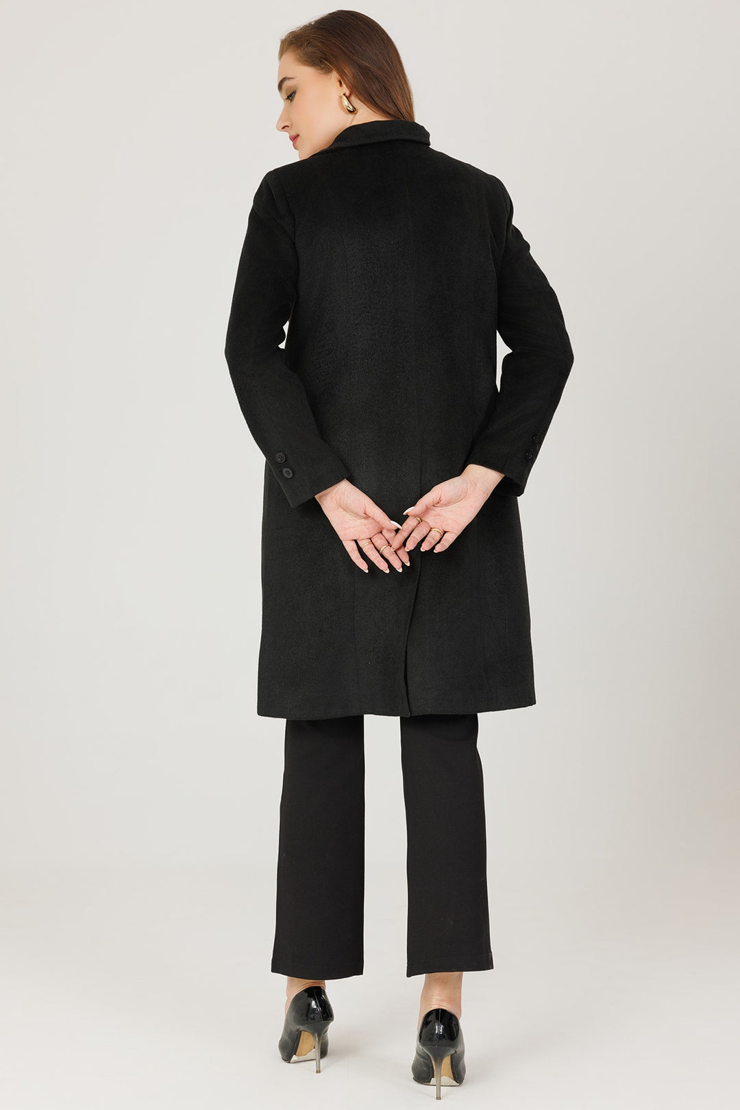 Fur-Embossed Lapel Winter Overcoat - Black