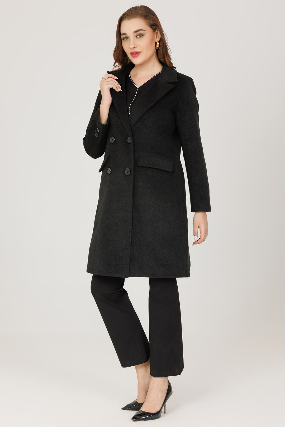 Fur-Embossed Lapel Winter Overcoat - Black