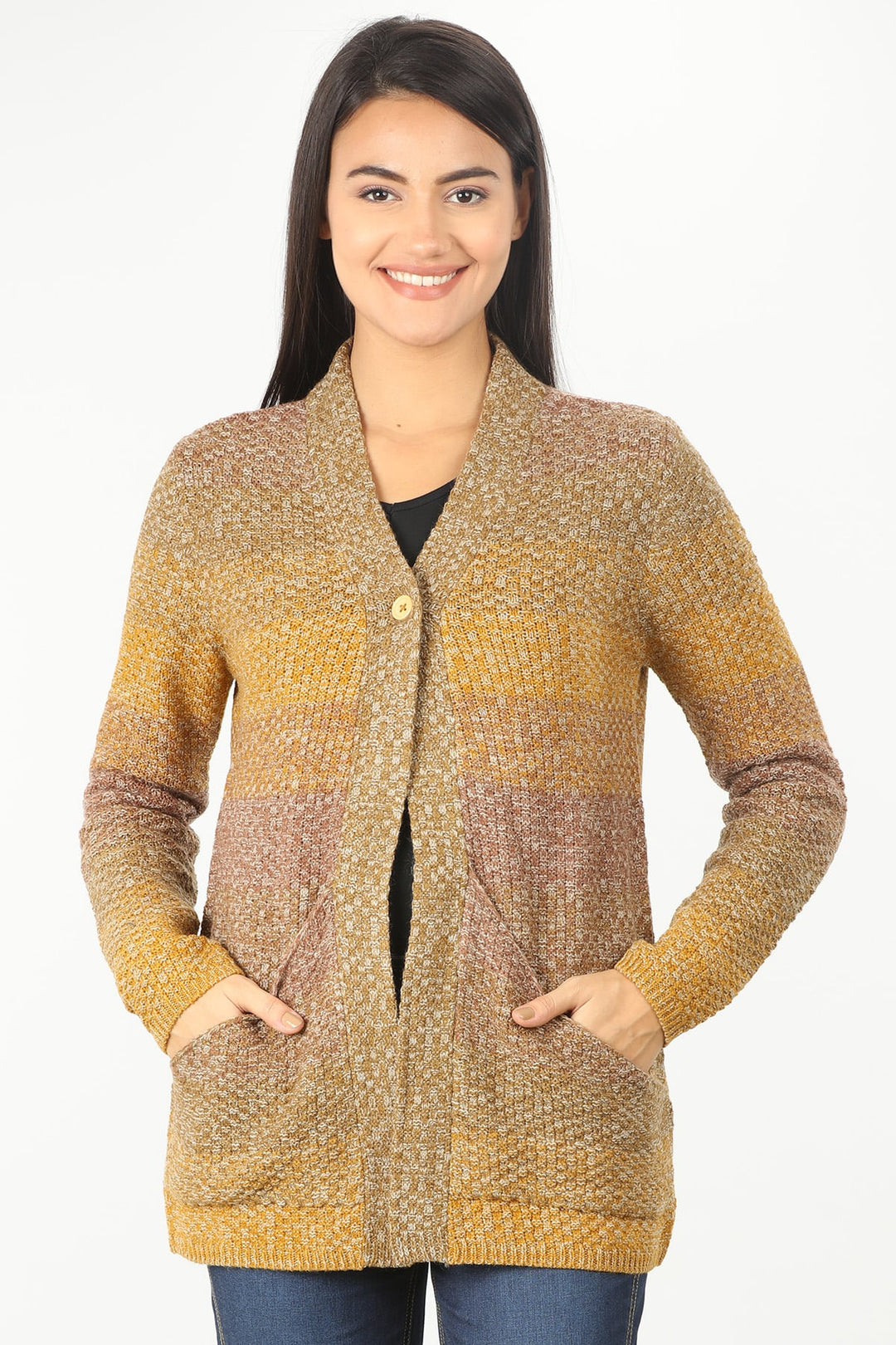 Yellow V Neck Solid Cardigan