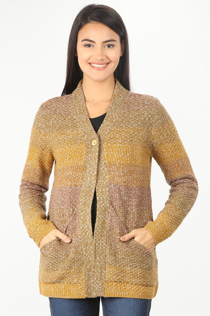 Yellow V Neck Solid Cardigan