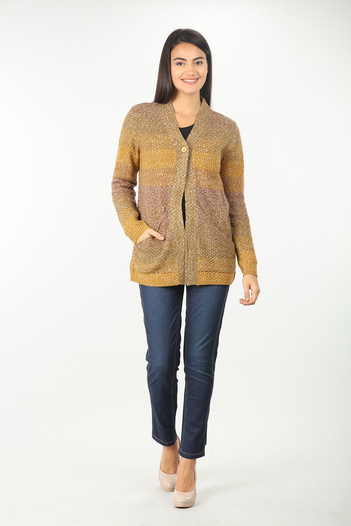 Yellow V Neck Solid Cardigan