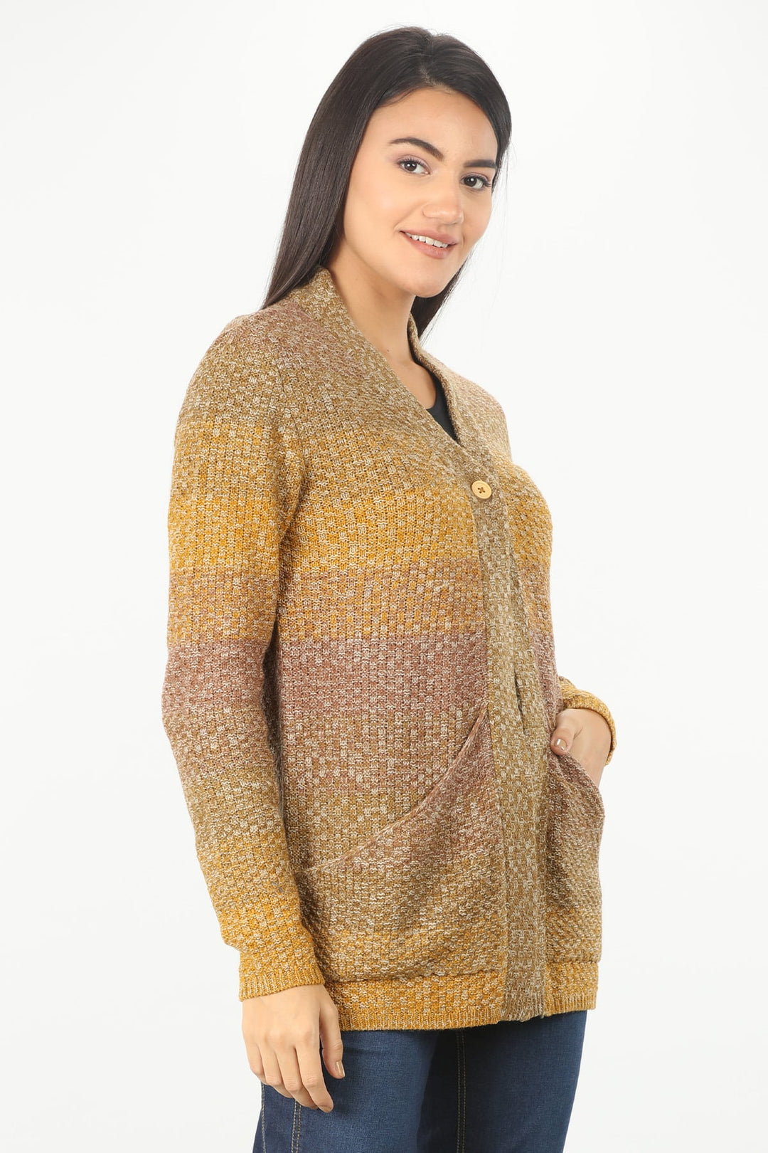 Yellow V Neck Solid Cardigan