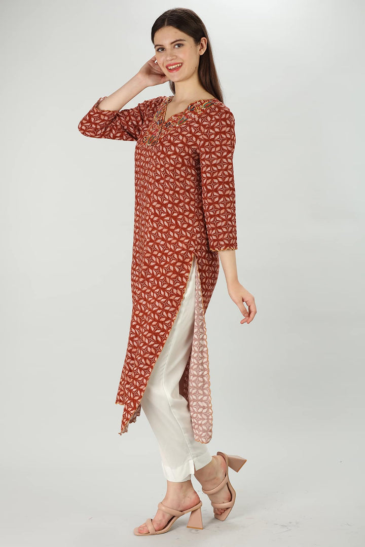 Dark Red Elegance Rayon Embroidered Kurti