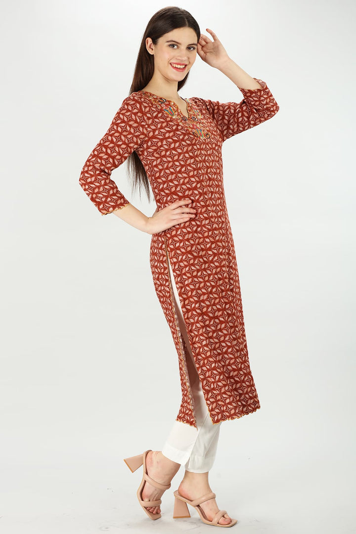 Dark Red Elegance Rayon Embroidered Kurti