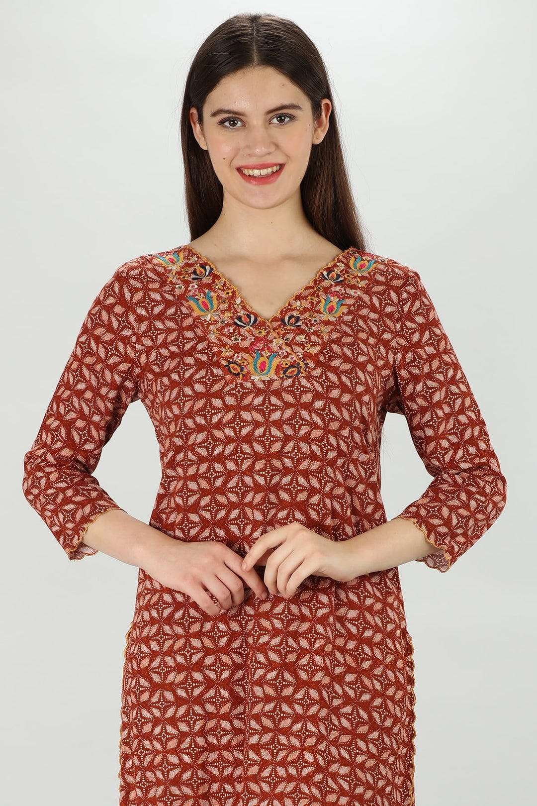 Dark Red Elegance Rayon Embroidered Kurti