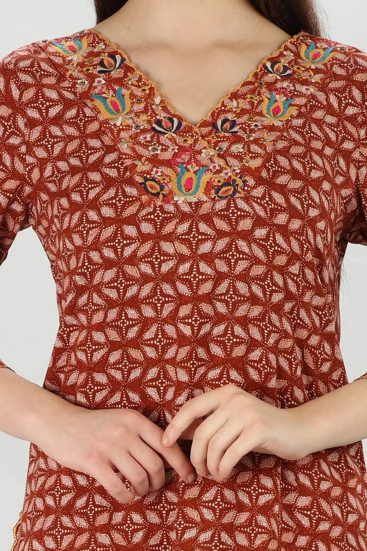 Dark Red Elegance Rayon Embroidered Kurti