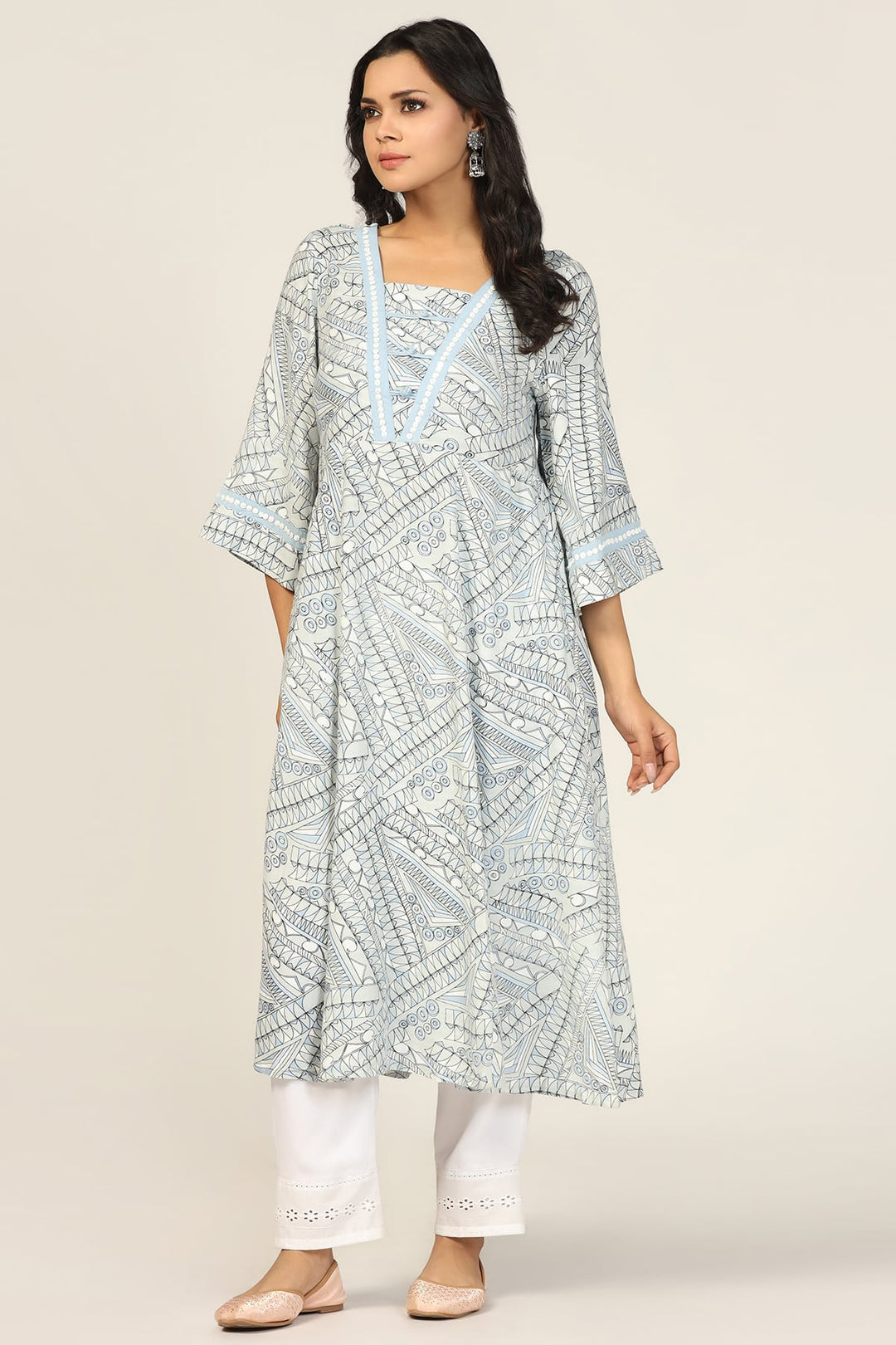 Light Grey Rayon Dobby Handwork A-Line Kurti