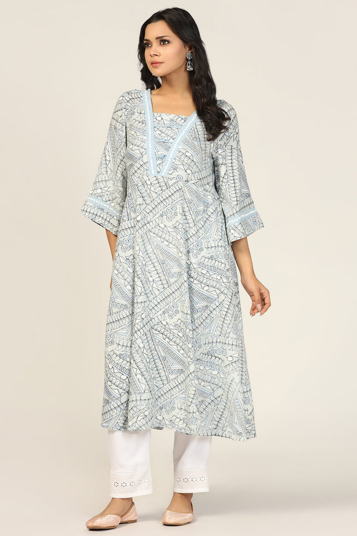 Light Grey Rayon Dobby Handwork A-Line Kurti