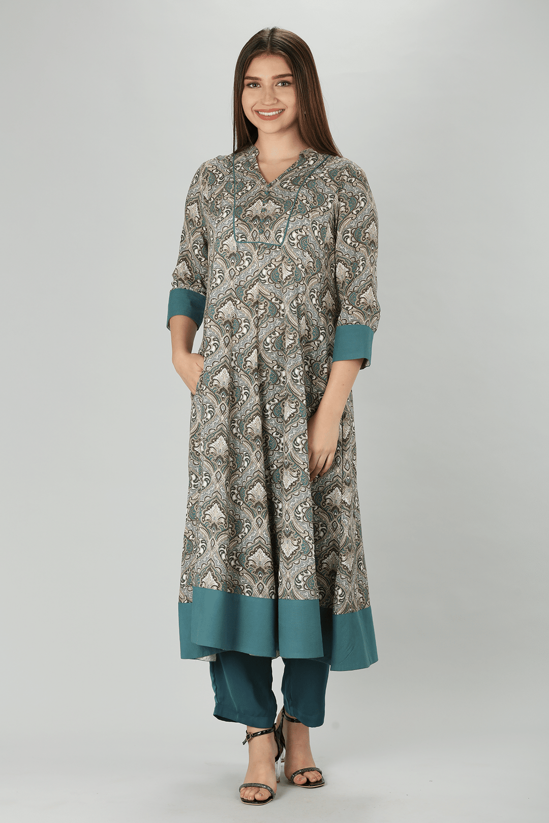 Grey Mandarin Flare Rayon Print Kurti