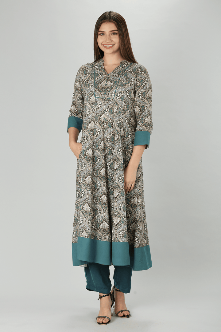 Grey Mandarin Flare Rayon Print Kurti