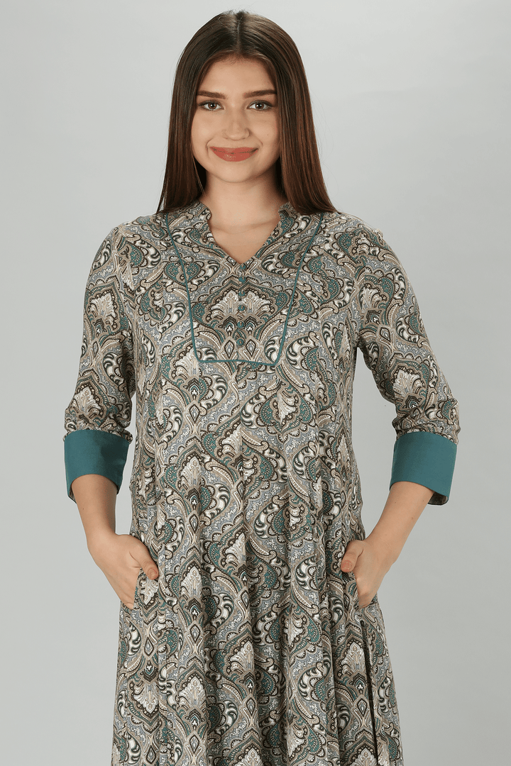 Grey Mandarin Flare Rayon Print Kurti
