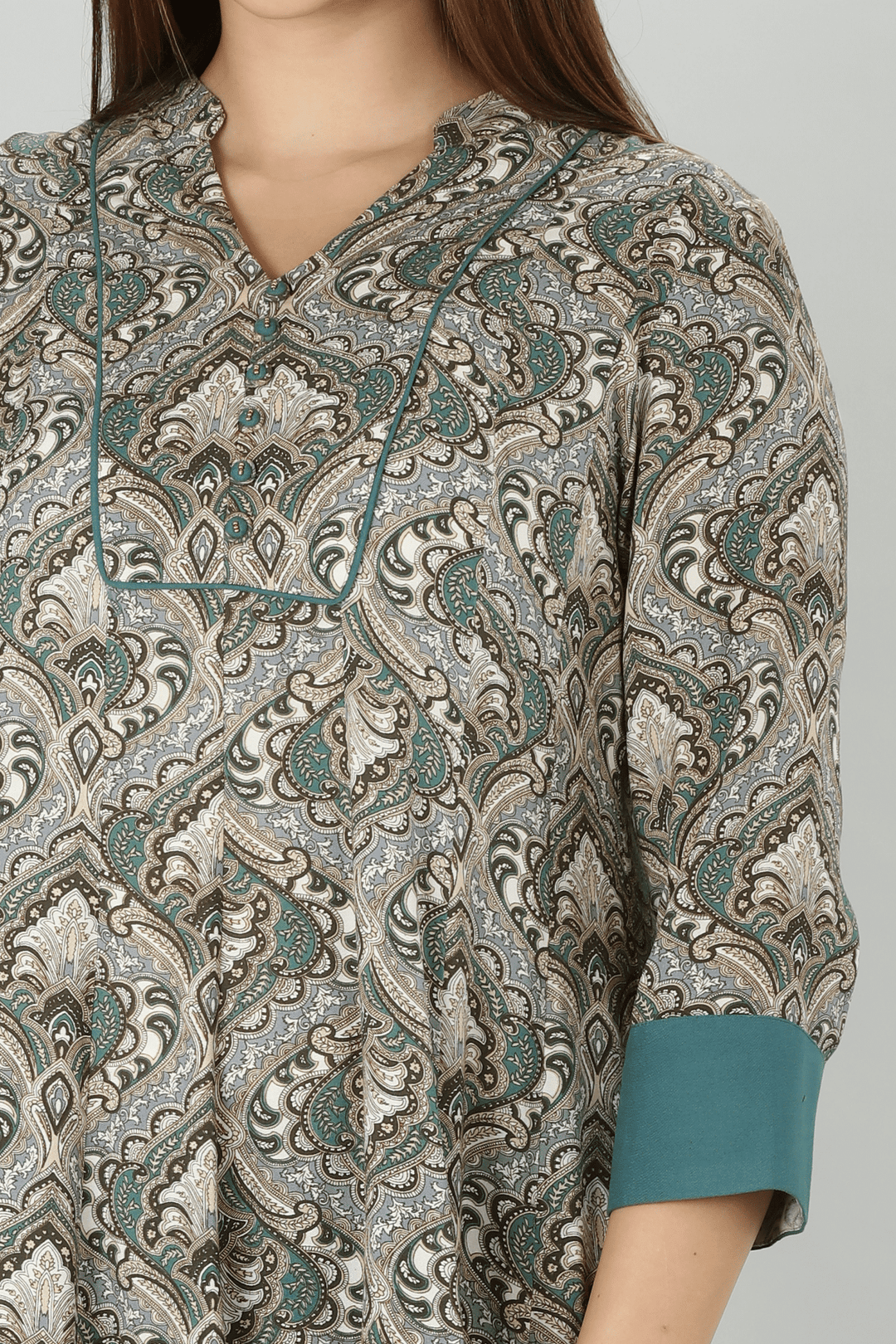 Grey Mandarin Flare Rayon Print Kurti