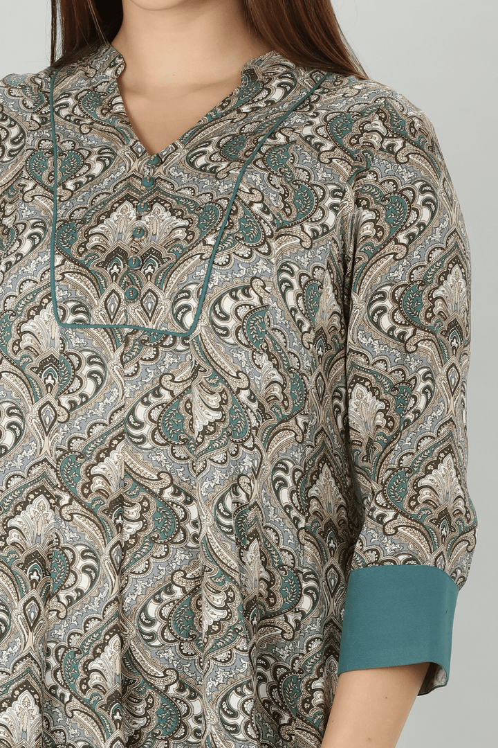 Grey Mandarin Flare Rayon Print Kurti