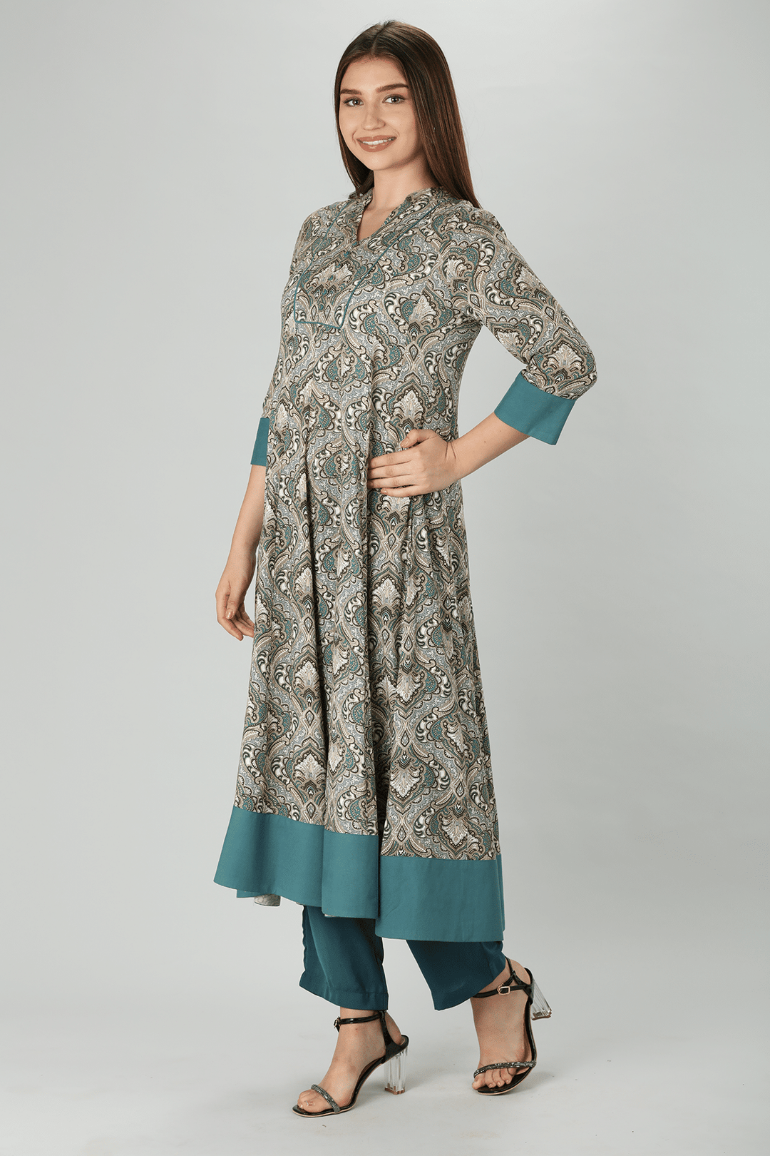 Grey Mandarin Flare Rayon Print Kurti