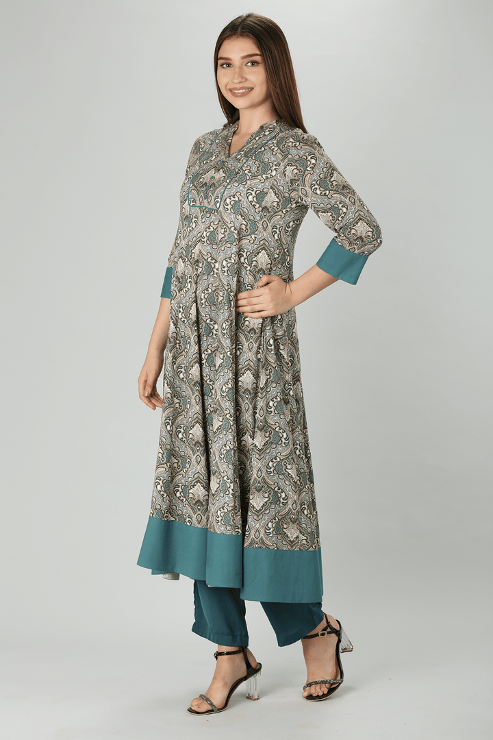 Grey Mandarin Flare Rayon Print Kurti