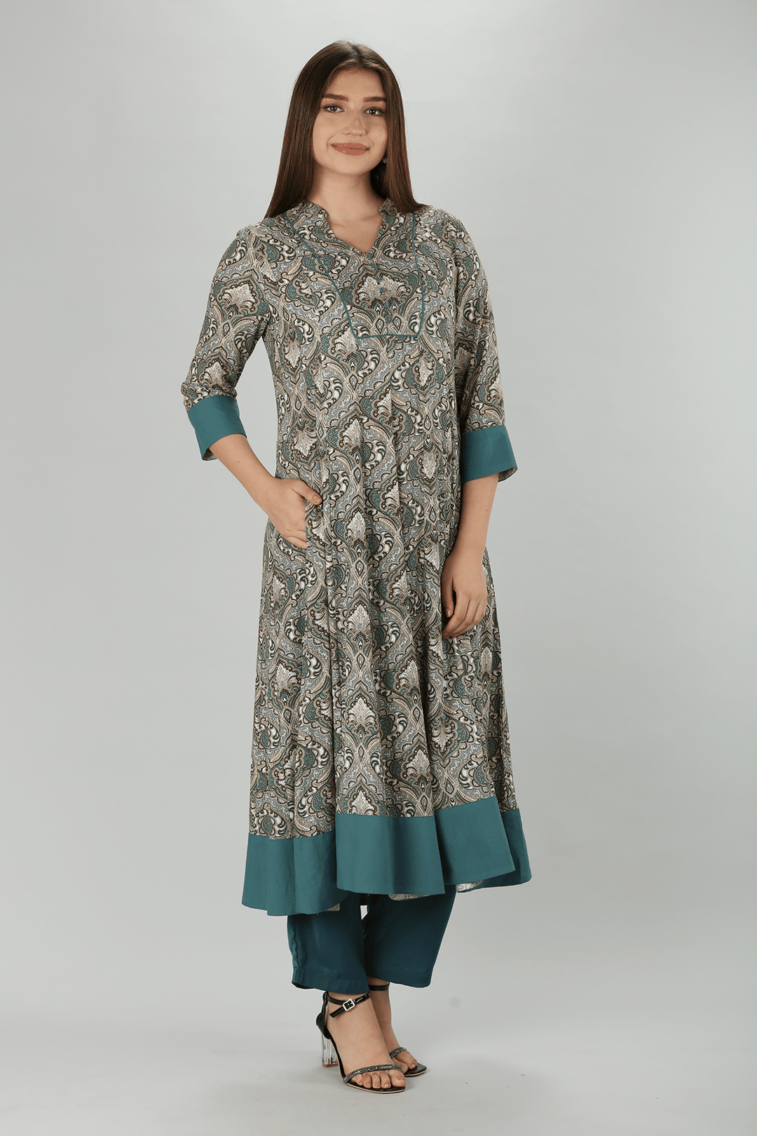 Grey Mandarin Flare Rayon Print Kurti