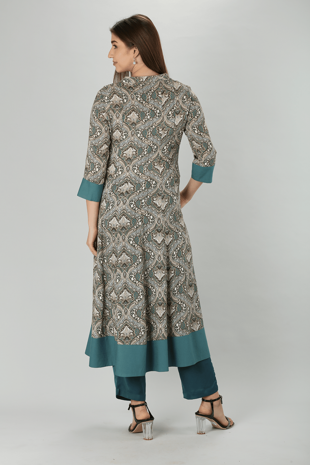 Grey Mandarin Flare Rayon Print Kurti