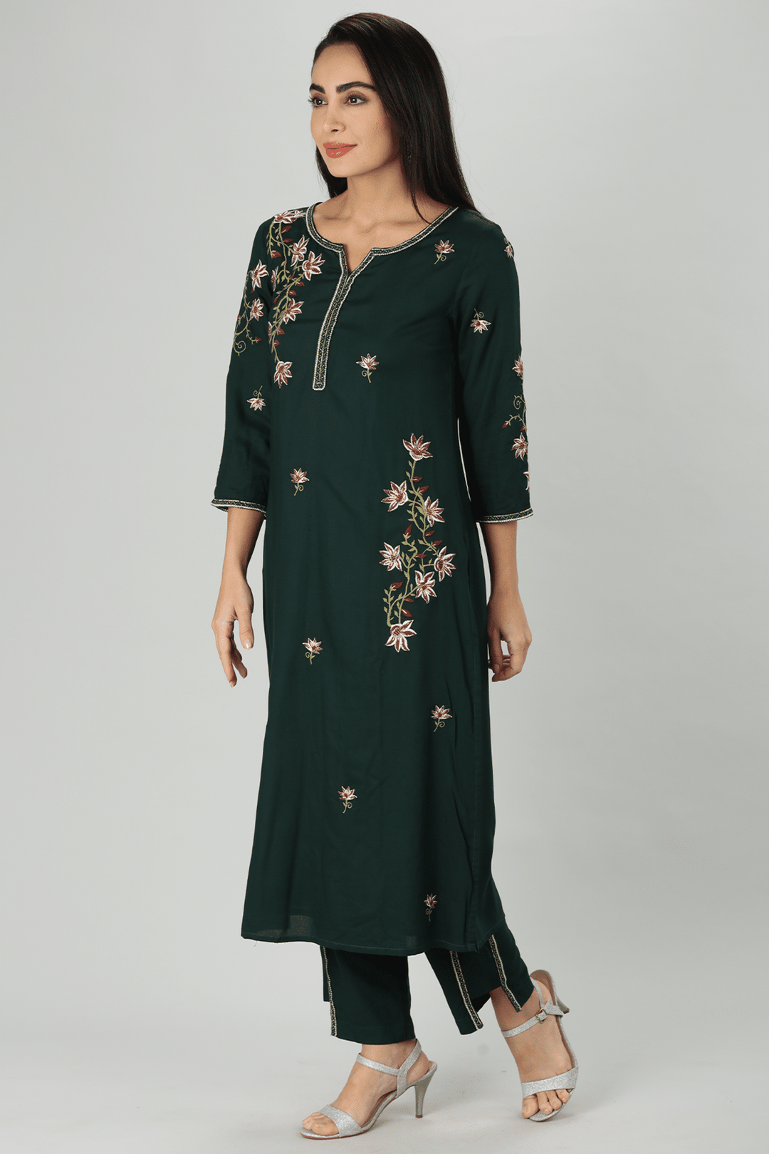 Green Rayon Embroidered Straight Cut Kurti
