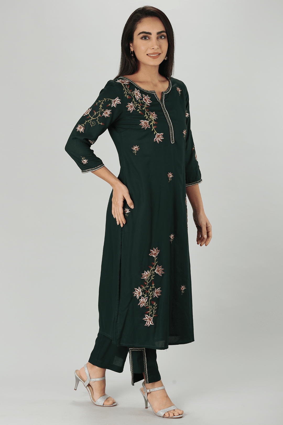 Green Rayon Embroidered Straight Cut Kurti