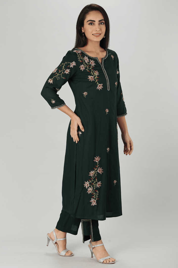 Green Rayon Embroidered Straight Cut Kurti
