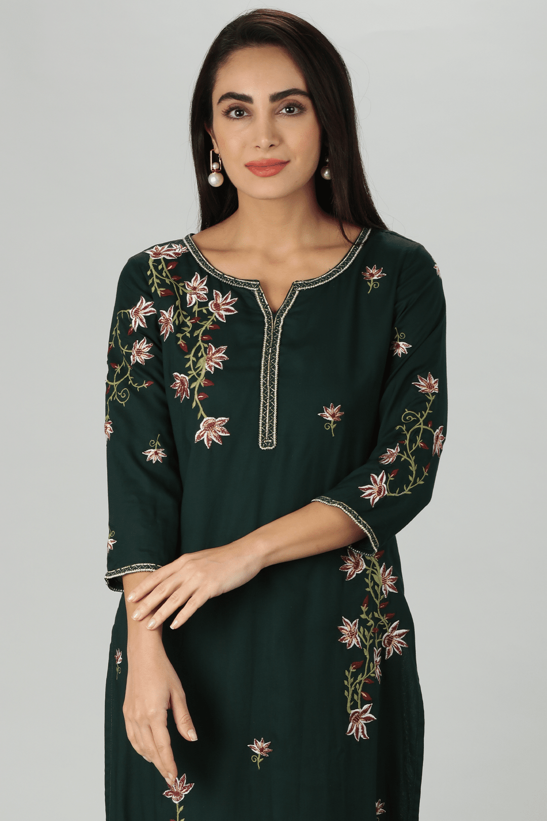 Green Rayon Embroidered Straight Cut Kurti