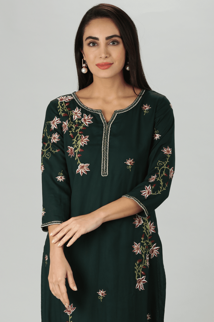 Green Rayon Embroidered Straight Cut Kurti