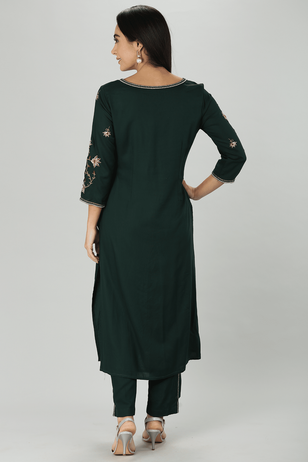 Green Rayon Embroidered Straight Cut Kurti
