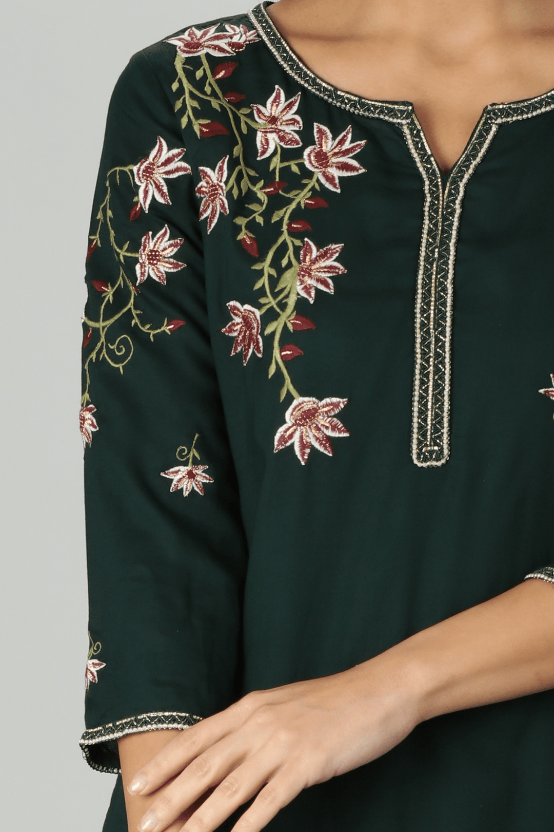 Green Rayon Embroidered Straight Cut Kurti