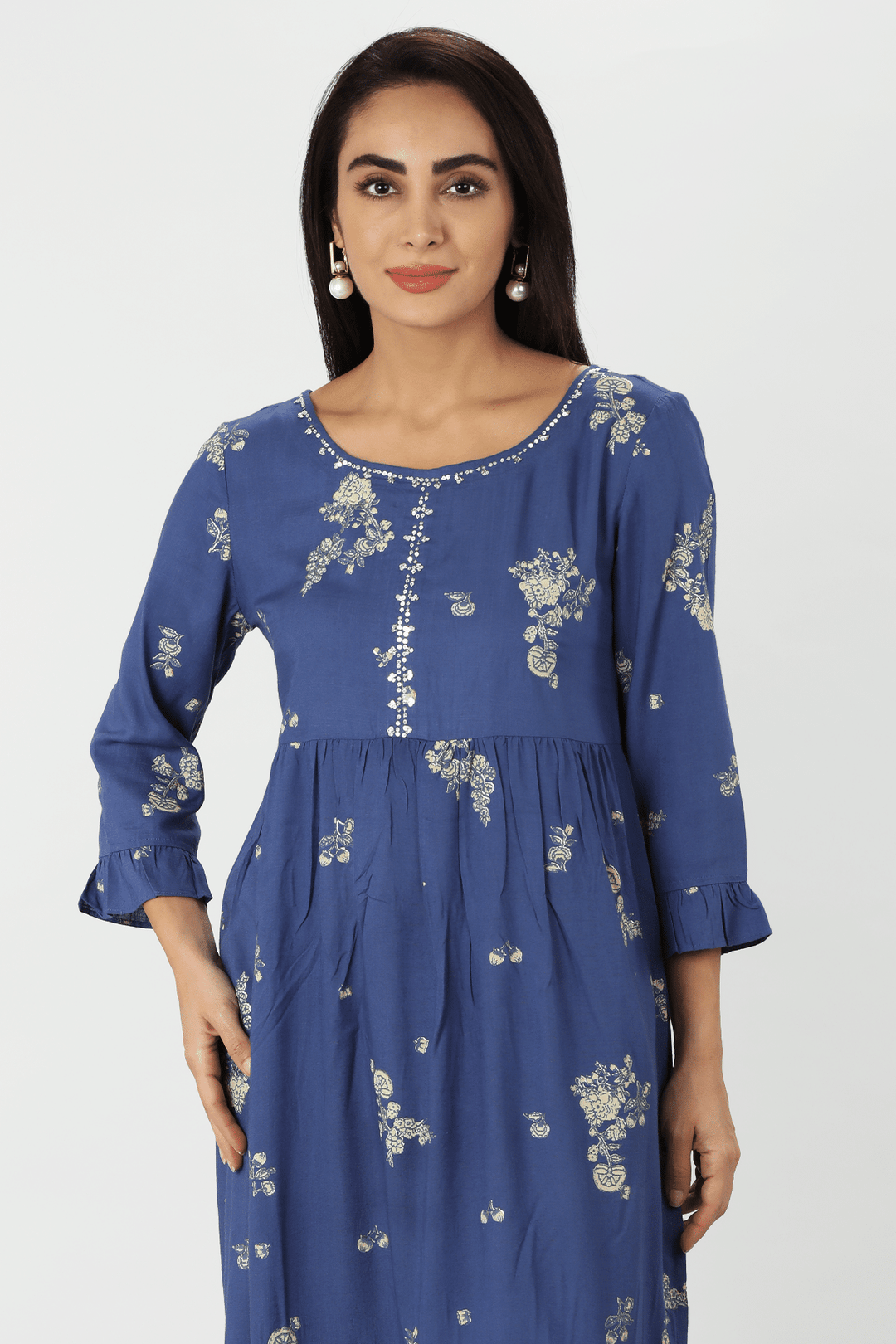 Blue Printed Rayon Slub Straight Kurti